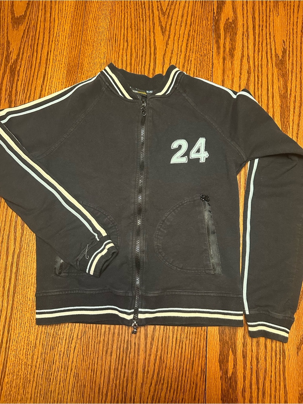 Y2K BCBG Black Bomber Jacket with White Trim and '24' Patch